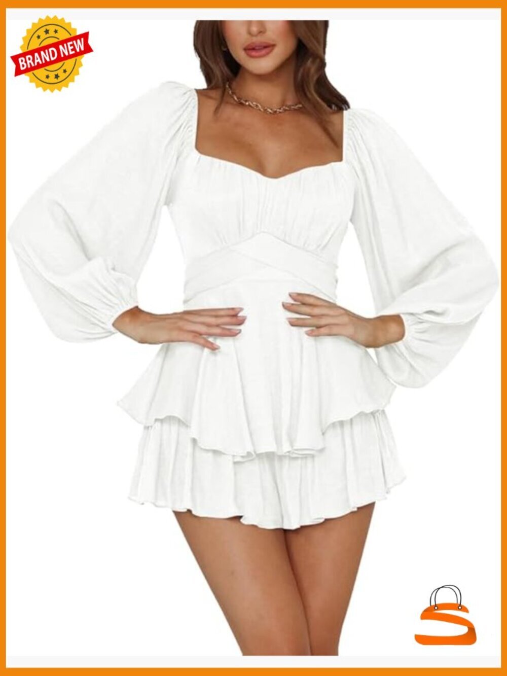 Women's Long Sleeve Romper Lantern Sleeves Ruffle Hem Tie Waist X-Large